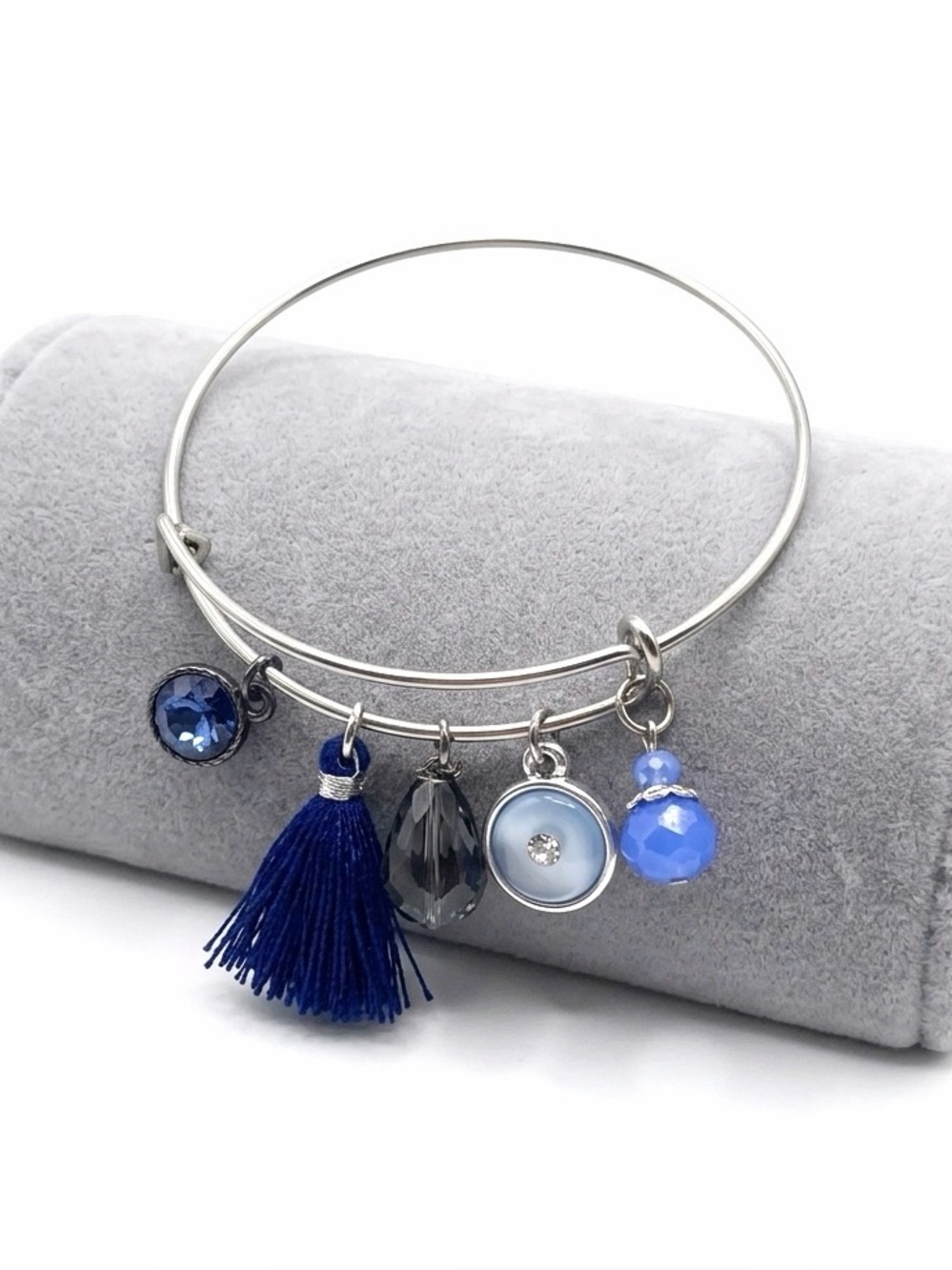 New Handmade S925 Sterling Silver Blue Tassel Opalite Charm Bracelet Bangle